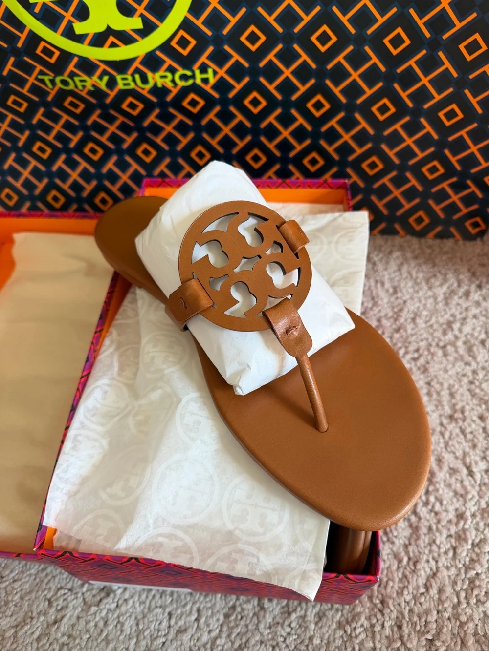 Tory Burch Miller Soft Leather Sandals Bourbon Miele Size 12 Brown Tan